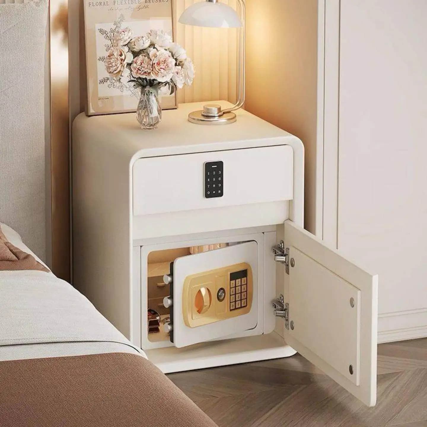 Comodino intelligente, sicuro, integrato con illuminazione domestica di lusso, sensazione di alta gamma, scomparto nascosto con serratura a codice, letti a scomparsa
