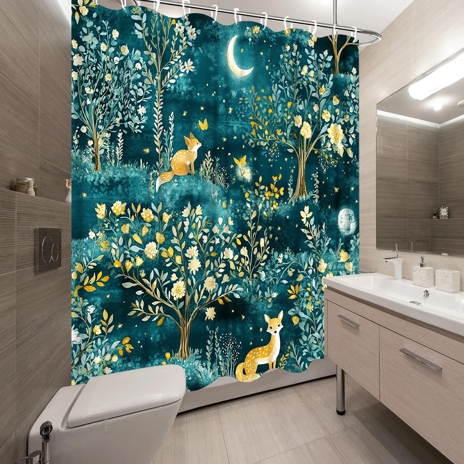 Tenda da doccia con foresta incantata: volpi, farfalle e luna, design stravagante di fiabe, fiori da sogno e fogliame verde
