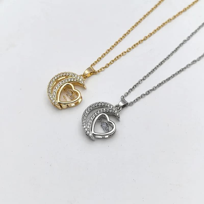 Collana con Ciondolo in Rame a Forma di Luna e Cuore, Catena in Acciaio per Clavicola, Elegante Regalo per Donne e Ragazze