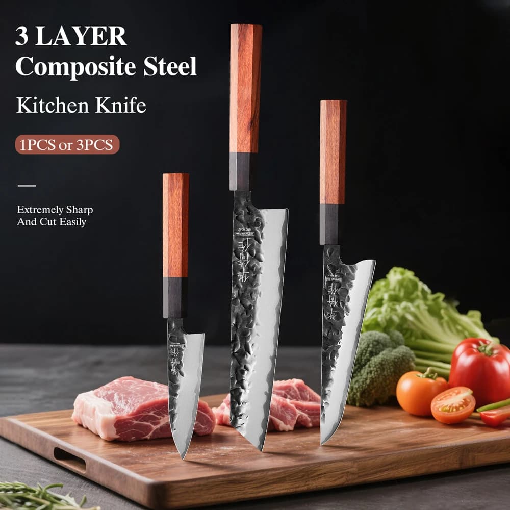 1PC-3PCS Set di coltelli da cucina Utility Paring Honesuki Kiritsuke Coltello Mannaia in acciaio composito giapponese Set di coltelli da chef professionali