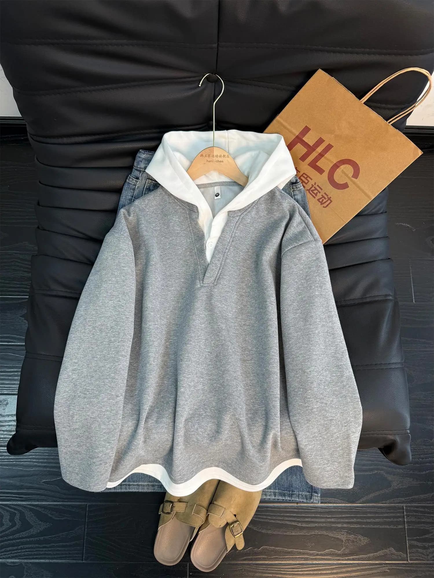Felpa con Cappuccio Grigia Cleanfit da Uomo, Giacca con Scollo a V, Design Bicolore per la Primavera, Abbigliamento Casual Pesante a Maniche Lunghe