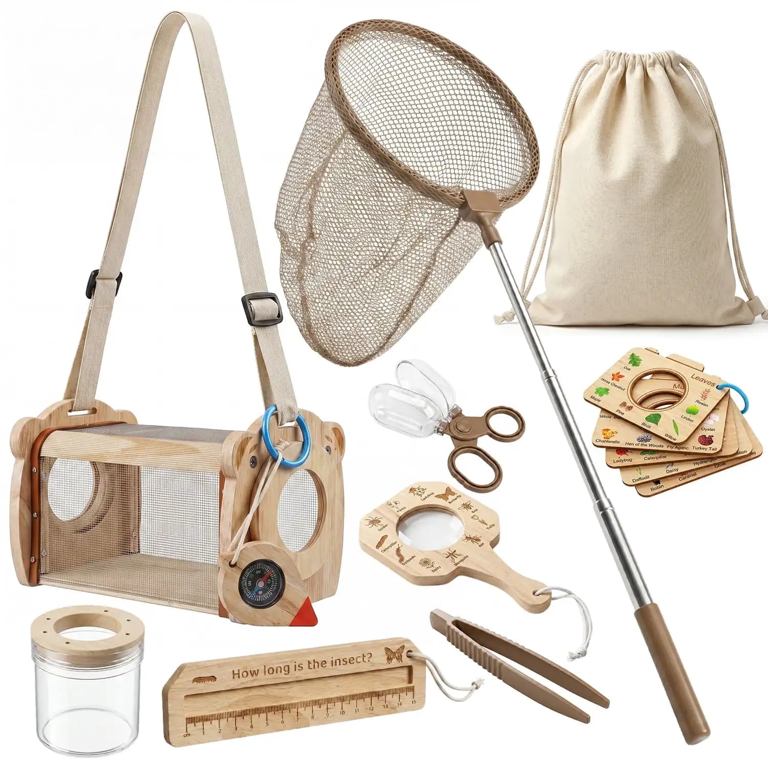 Wooden Bug Catching Kit With Telescopic Bug Net And Insect Observation House Kids Outdoor Nature Exploration Set For Backyard Garden Camping Educational Gift