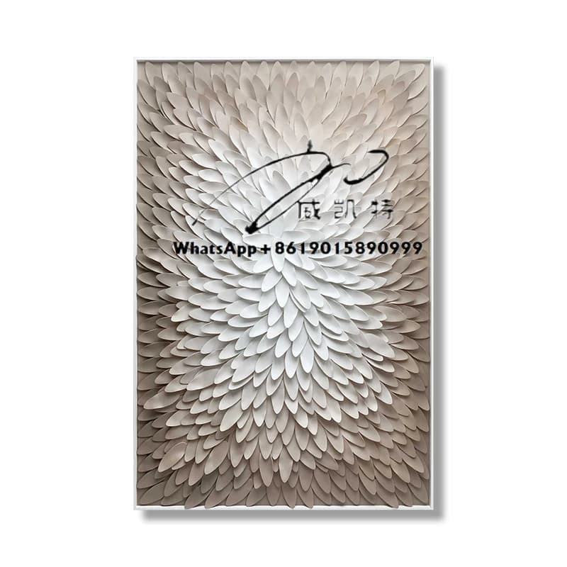 Custom artworks with large mixed media, abstract painting of leather flowers and images of modern 3D framed rooms