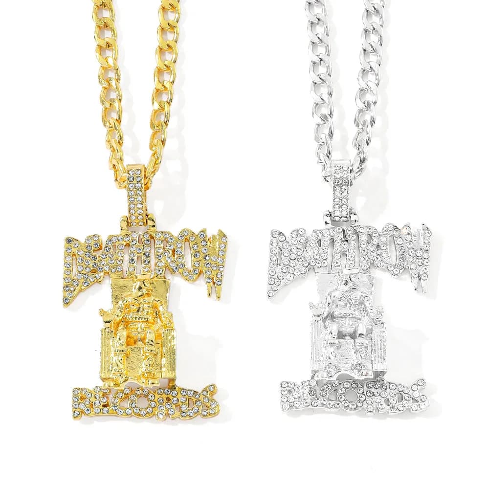 Hip-Hop DEATHROW RECORDS Necklace with Prisoner Shape Pendant, Crystal Pair Necklace