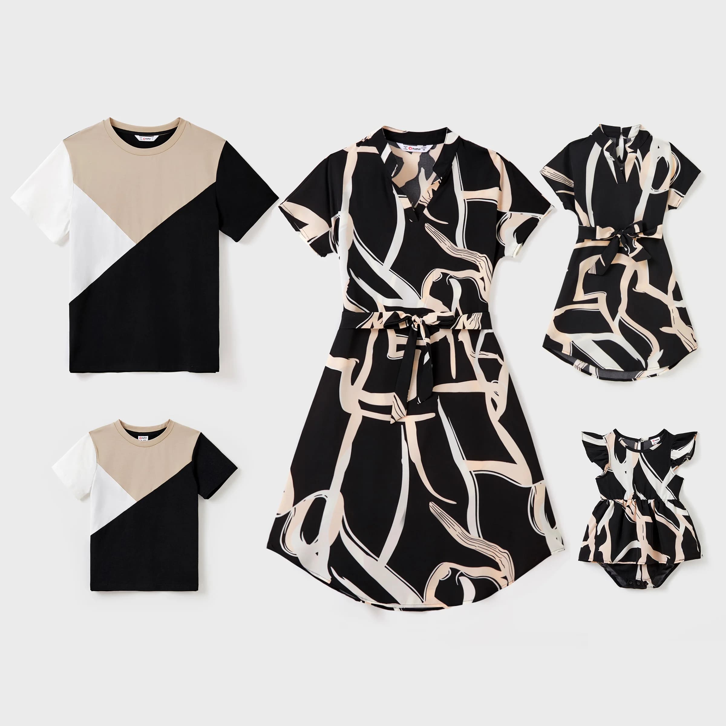 PatPat Family Matching Color Block Cotton Tee o abito a maniche corte con stampa astratta moderna e cintura in vita