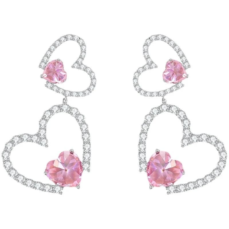 Orecchini a lobo con zirconi a forma di cuore Luxury-lite per donna. Collana alla moda. Elegante. Gioielli per feste/matrimoni.
