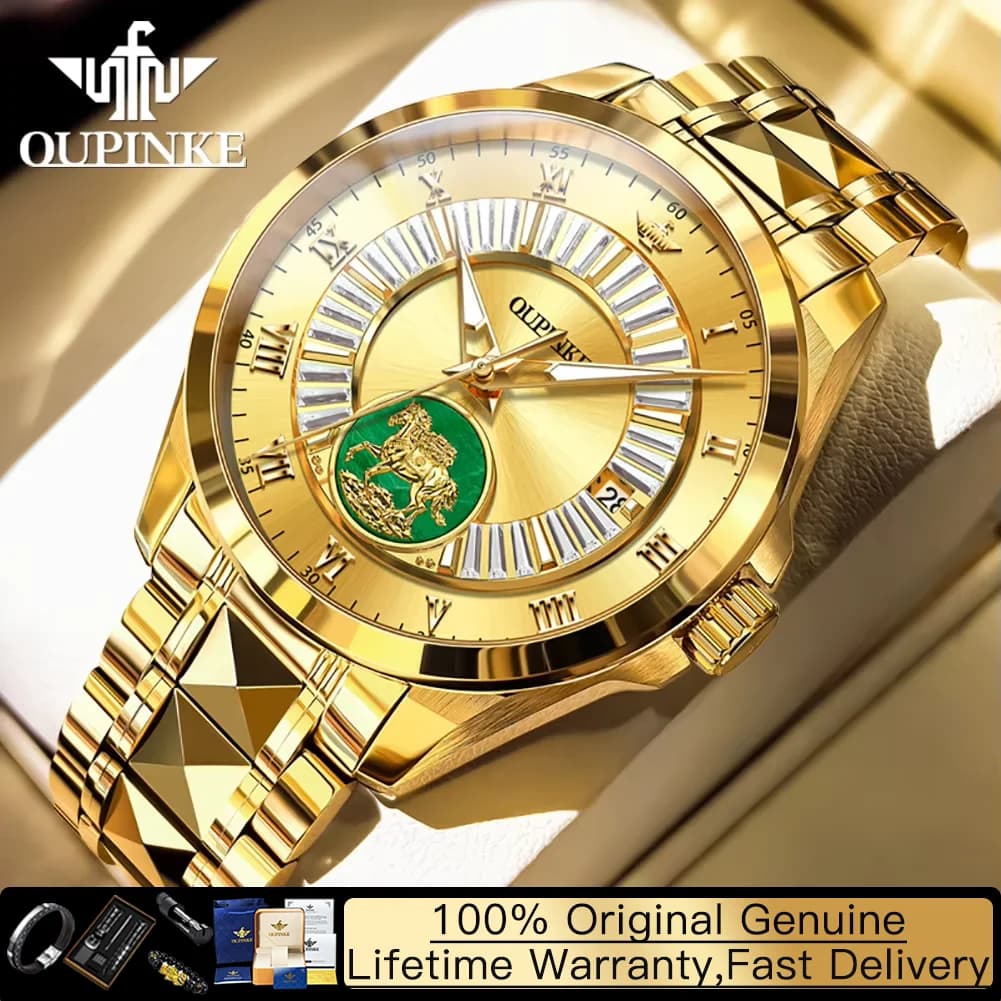 OUPINKE Orologi da Uomo in Vero Oro e Giada, Orologi da Polso Meccanici di Lusso di Alta Gamma, Orologio Automatico Giapponese per Uomo 3320