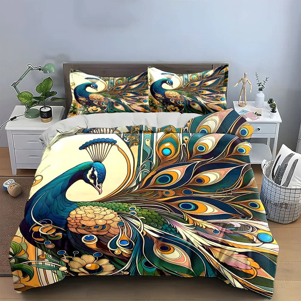 Set di biancheria da letto con decorazioni a forma di pavone, con 1 copripiumino e 2 federe, singolo, matrimoniale, king size, queen size, regalo