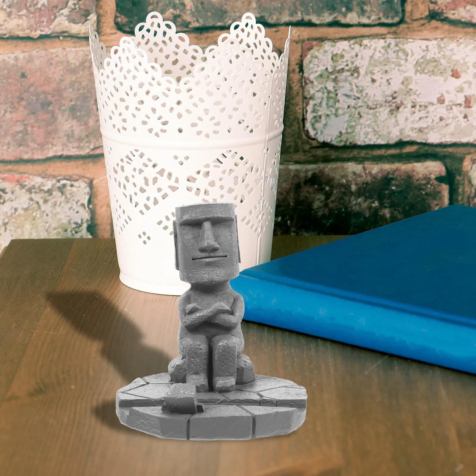 Statua Moai in Resina Creativa, Supporto per Telefono da Scrivania, Portapenne, Decorazione per Ufficio e Casa, Scultura a Forma di Testa