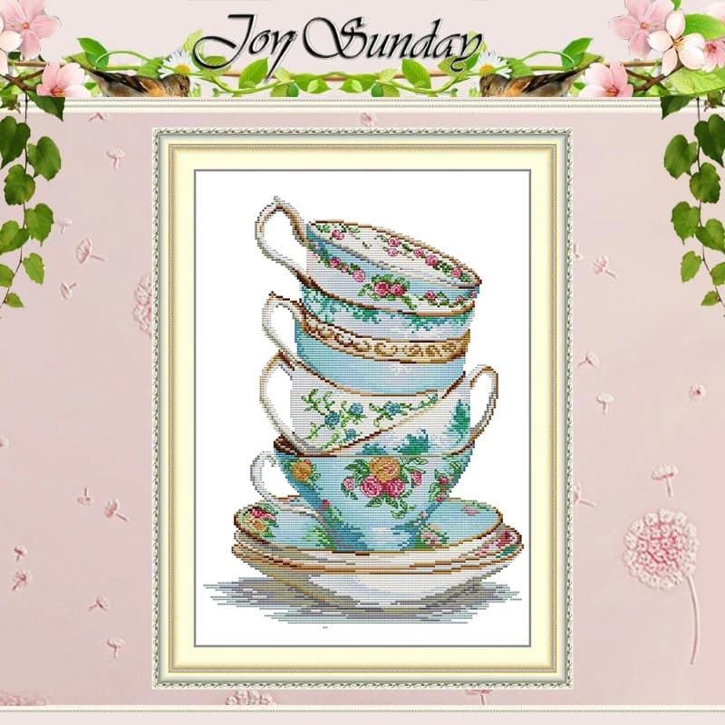 Teacup and Saucer Patterns Counted Cross Stitch Set 11CT 14CT 16CT HD Stamped DMC Cross-stitch Kit Embroidery Needlework Crafts