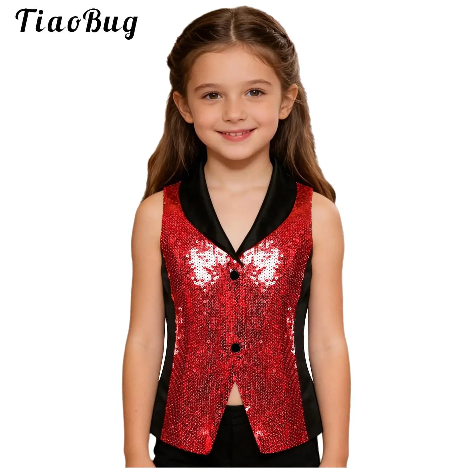Gilet da bambina in raso con paillettes scintillanti, gilet con scollo a V, canotta, gilet da ballo jazz hip-hop, costume da discoteca