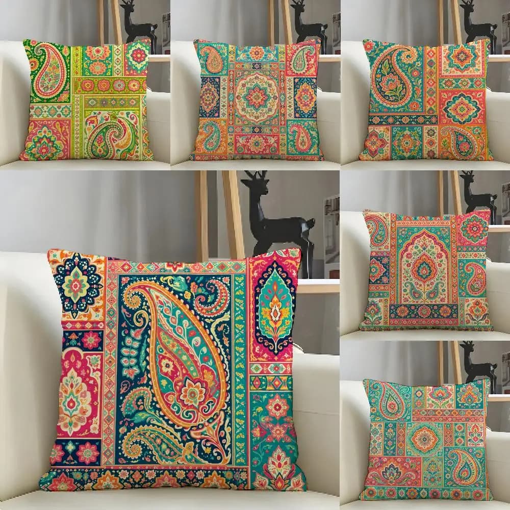 Bohemian Paisley Floral Cushion Cover Natural Linen Pillow Case Organic Fabric Double Sided Print Sofa Home Decor Gift