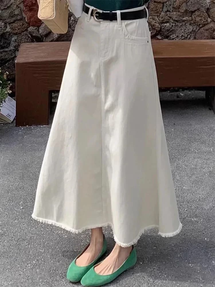 Women's Retro High Waist A-Line Mini Skirt Denim Spring 2025 New Sle Slimming Frayed Korean Version Midi Skirt Trendy