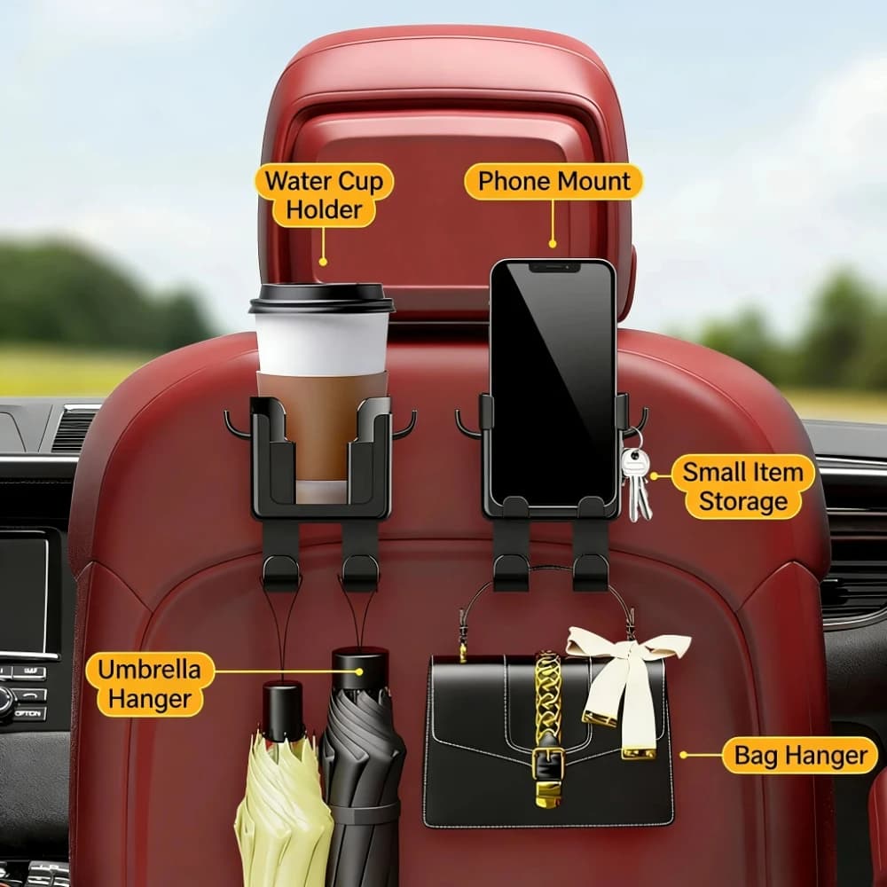Car Seat Back Organizer with Cup Phone Holder Hooks Space Saving Storage Rack Automotive Interior Accessory