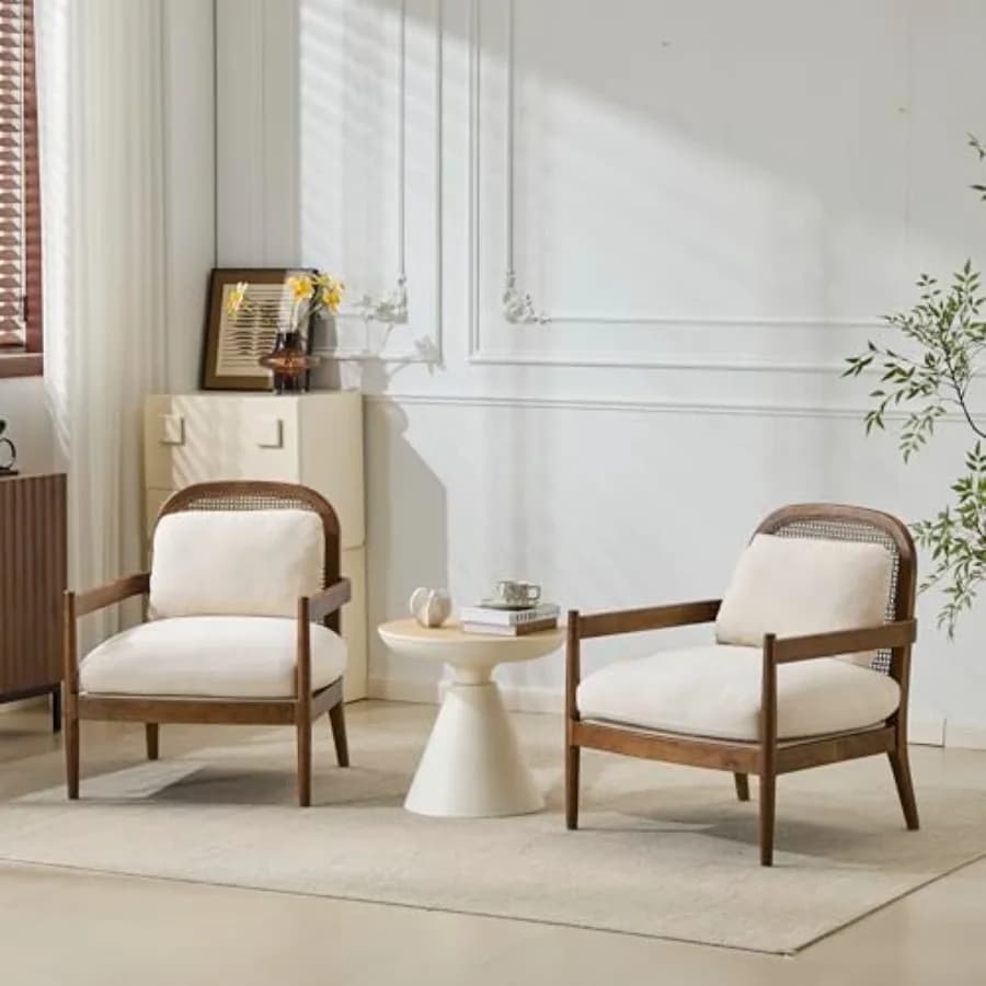 Set di 2 Poltrone Moderne da Club con Cuscino, Sedia in Legno per Soggiorno con Schienale Aperto in Rattan, Comoda Poltrona da Lettura per Camera da Letto, Beige