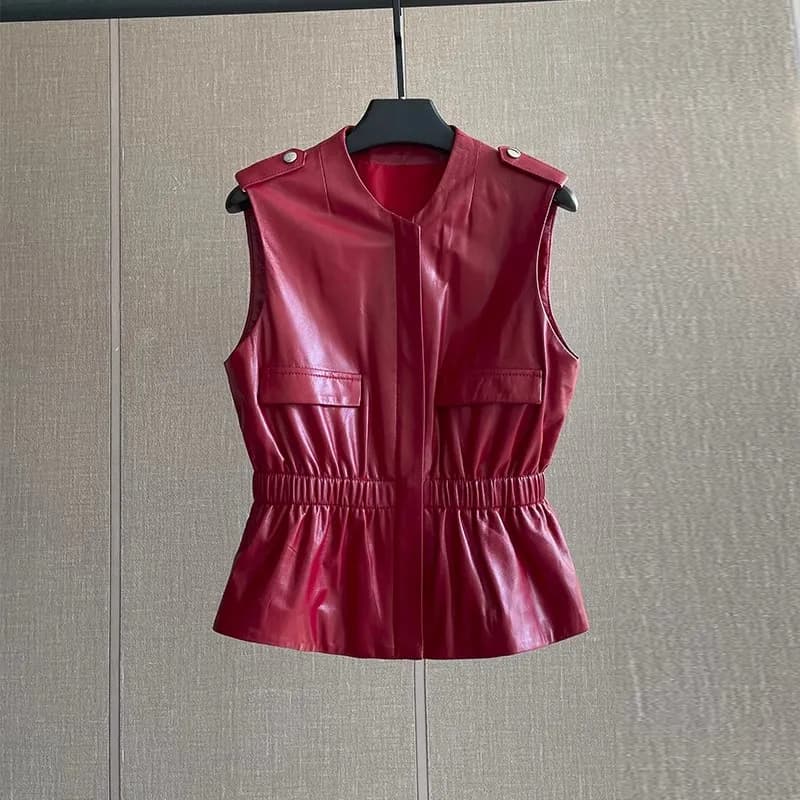 Gilet da donna in vera pelle rossa, vita sottile, stile corto, giacca casual versatile senza maniche per la primavera autunno