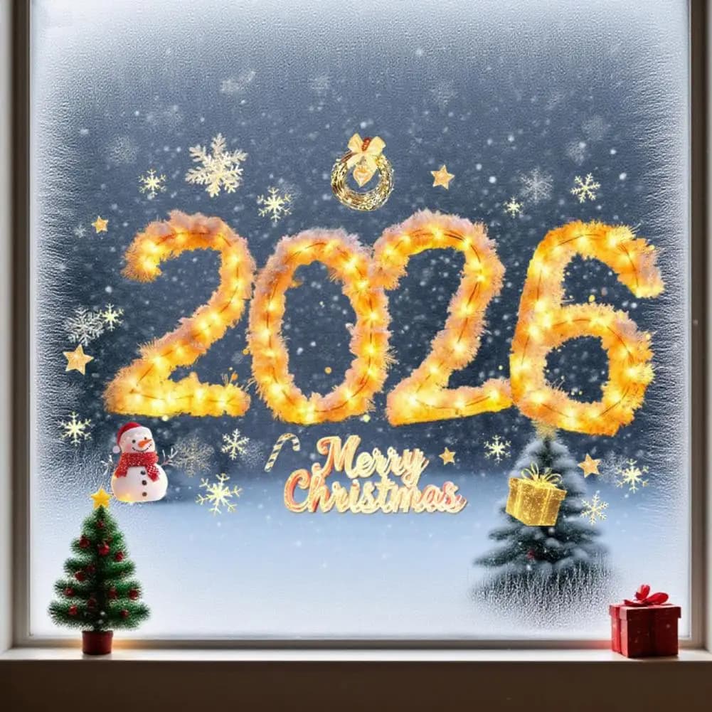 2026 Buon Natale Finestra si aggrappa Rimovibile Impermeabile PVC Natale Luce dorata Stringa Adesivo in vetro statico Decorazione della casa per feste