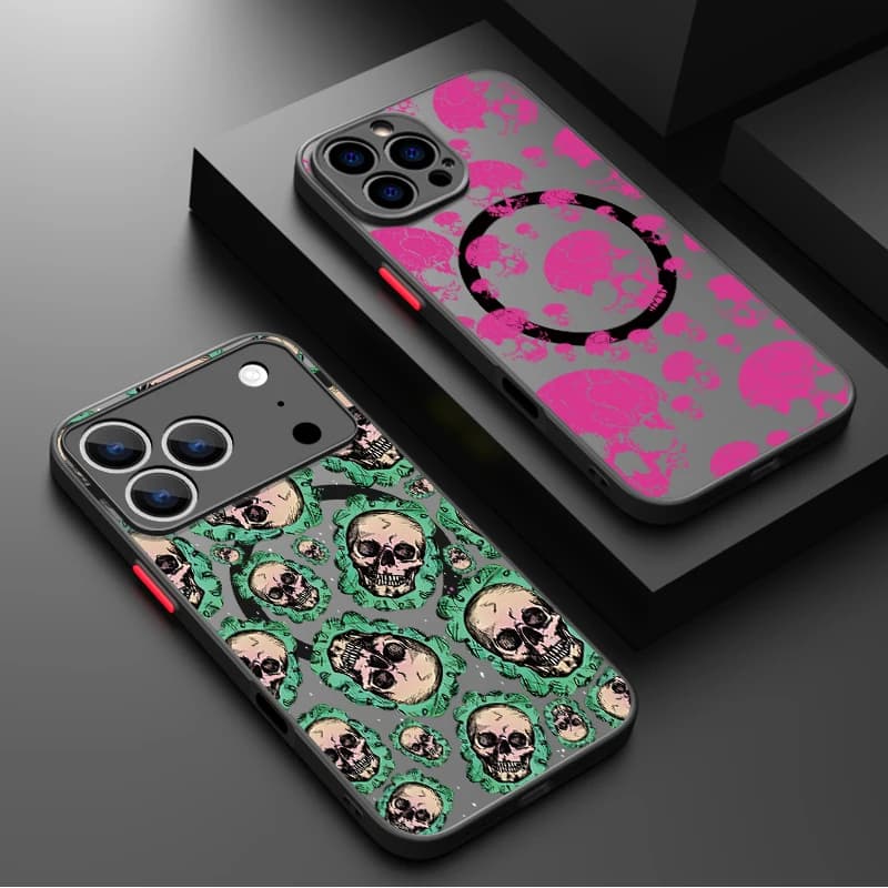 Magnetic Acrylic Phone Case For iPhone 17e 17 16 Pro Max 15 14 13 Pro Max 16e 11 For Magsafe Wireless Charge Skull Pattern Cover