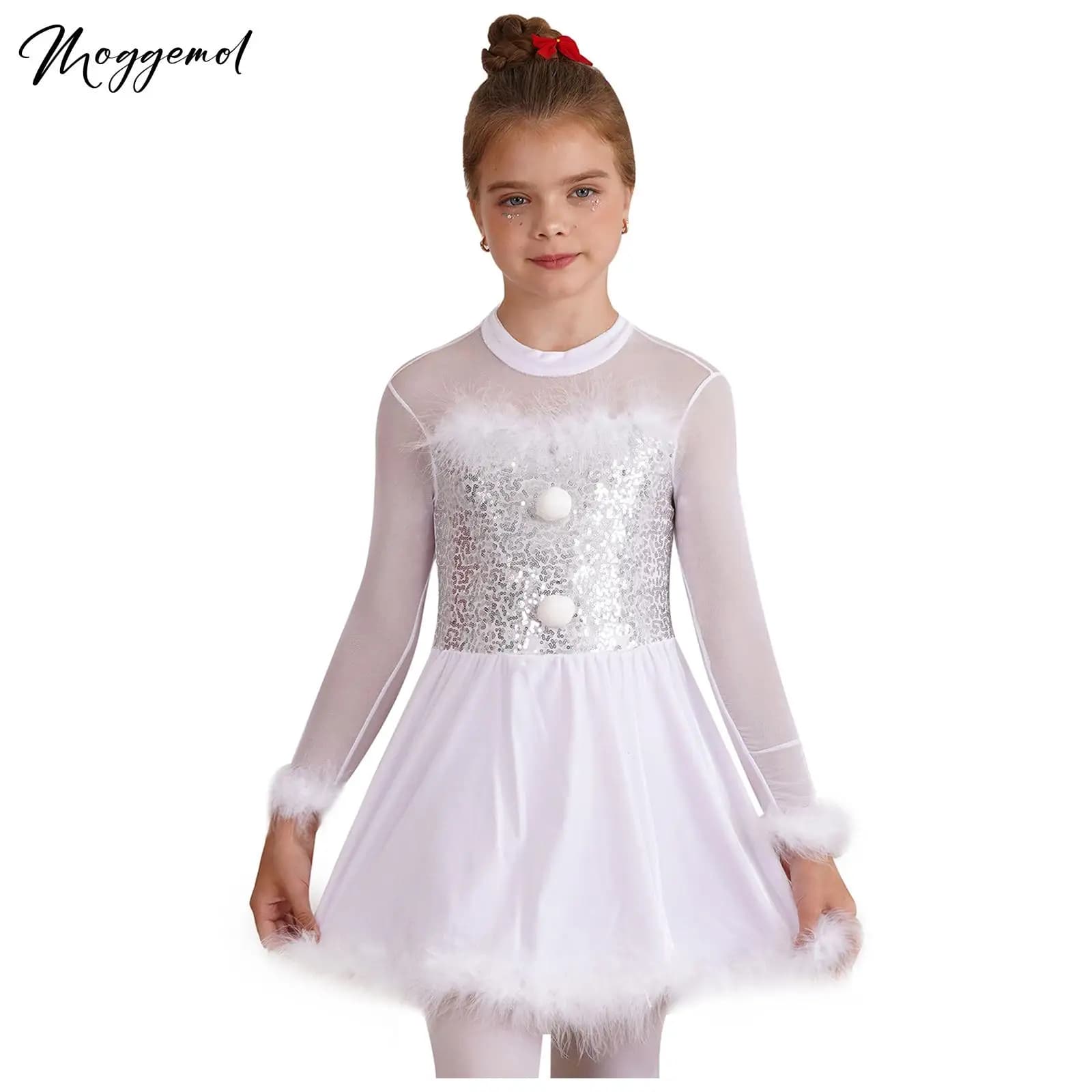 Costume da ballo natalizio per bambina, vestito con buco della serratura sul retro, paillettes lucide, maniche lunghe in rete, body da pattinaggio su ghiaccio
