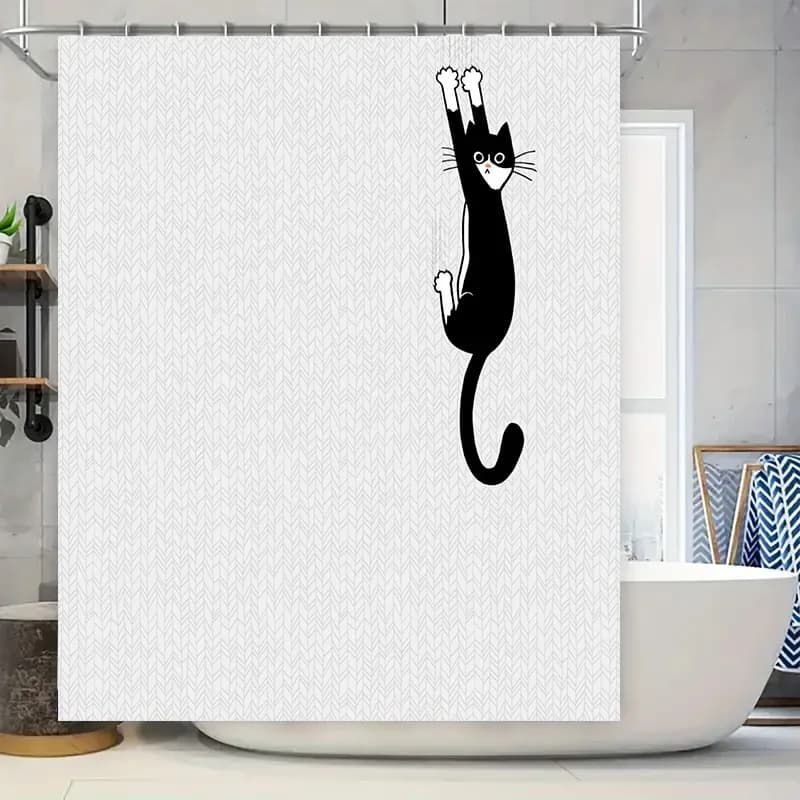 Cat Shower Curtain Black White Print Pattern Bathroom Decor Waterproof Liner for Kids Bathrooms Size 69x70 inches (L*W) with Rin