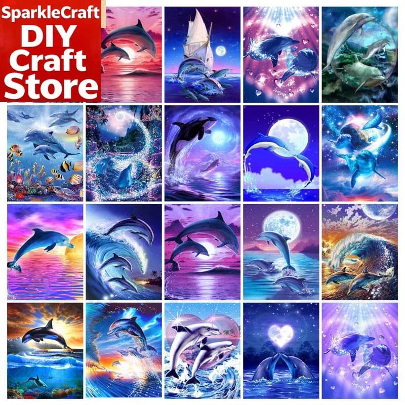 1PC frameless Full Square/Round Drill 5D DIY Diamond Painting "Dolphin sea moon" 3D Embroidery Cross Stitch 5D Home Decor Gift