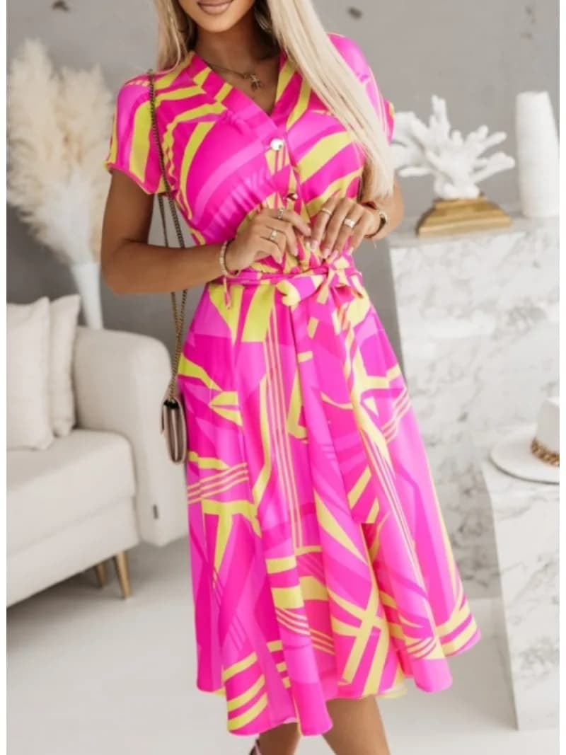 Women's Fashion Printed Belt with V-neck Short Sleeved Casual Dress With Knee Skirt Buttons