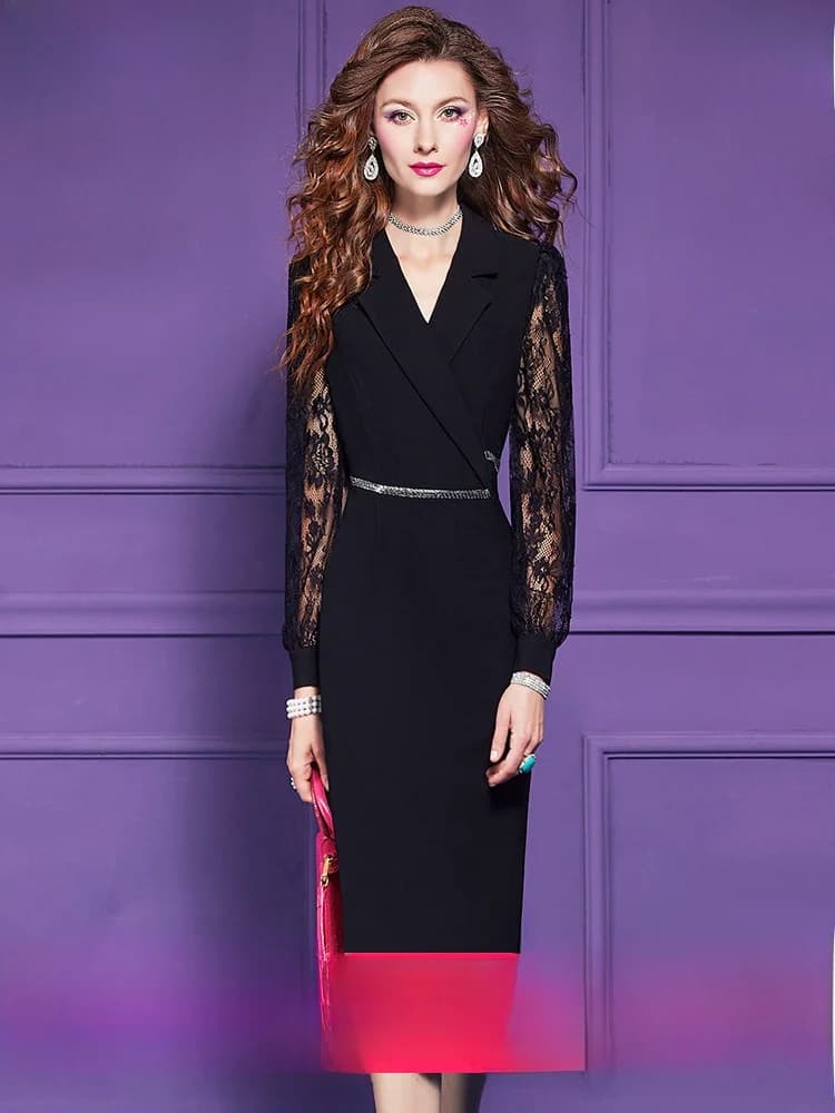 Elegante Abito Nero da Donna a Maniche Lunghe, Professionale, Lunghezza Media, alla Moda, per l'Autunno, da Ufficio, Vita Alta, con Cerniera Posteriore