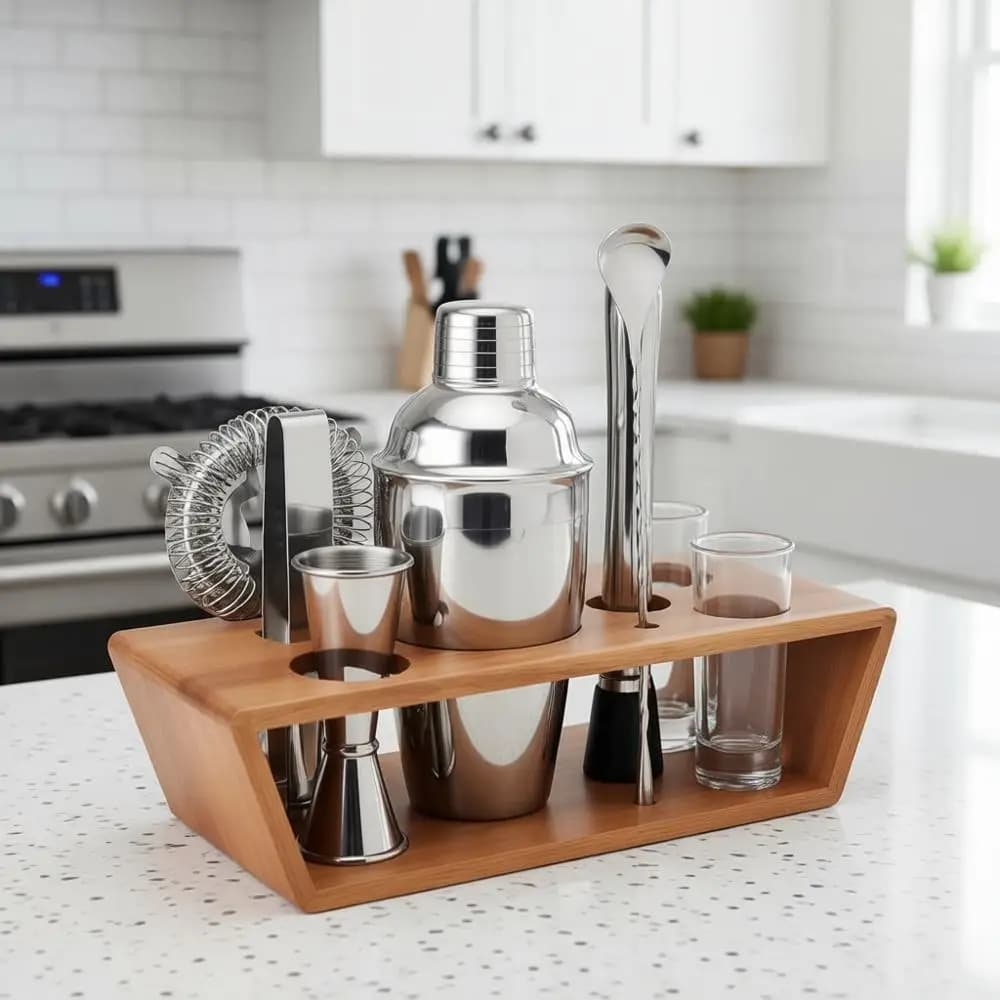 Set da Barman 8 Pezzi con Shaker per Cocktail in Acciaio Inox e Supporto in Legno di Acacia