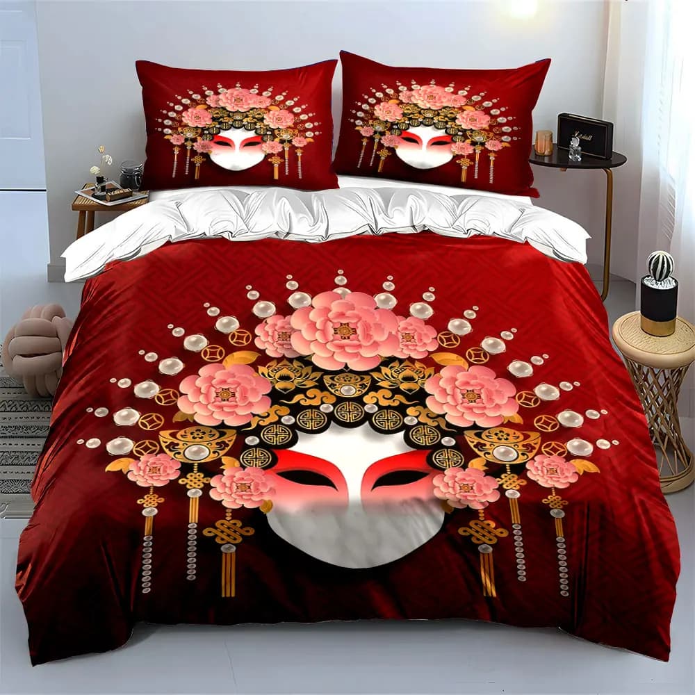 Set Decorativo Opera Cinese per Casa, Set Biancheria da Letto con 1 Copripiumino e 2 Federe, Singolo, Matrimoniale, King, Queen, Regalo