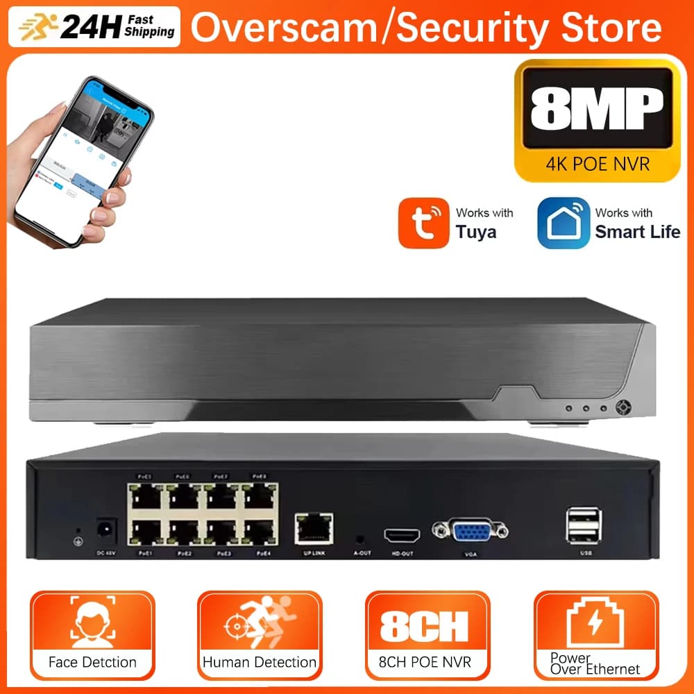 Tuya Smartlife 8CH 4K 8MP 5MP 4MP 3MP 2MP H.265 Videoregistratore di sorveglianza NVR Rilevazione movimento Registratore di rete P2P per telecamera IP
