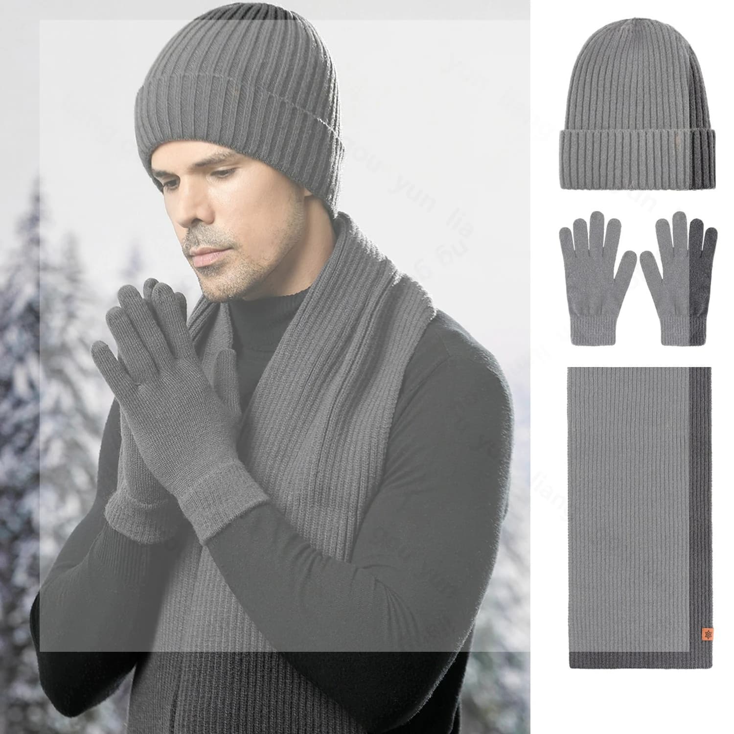 Set tre pezzi di cappello, sciarpa e guanti lavorati a maglia, tuta invernale calda e resistente al freddo, ciclismo all'aperto, cappello lavorato a maglia.