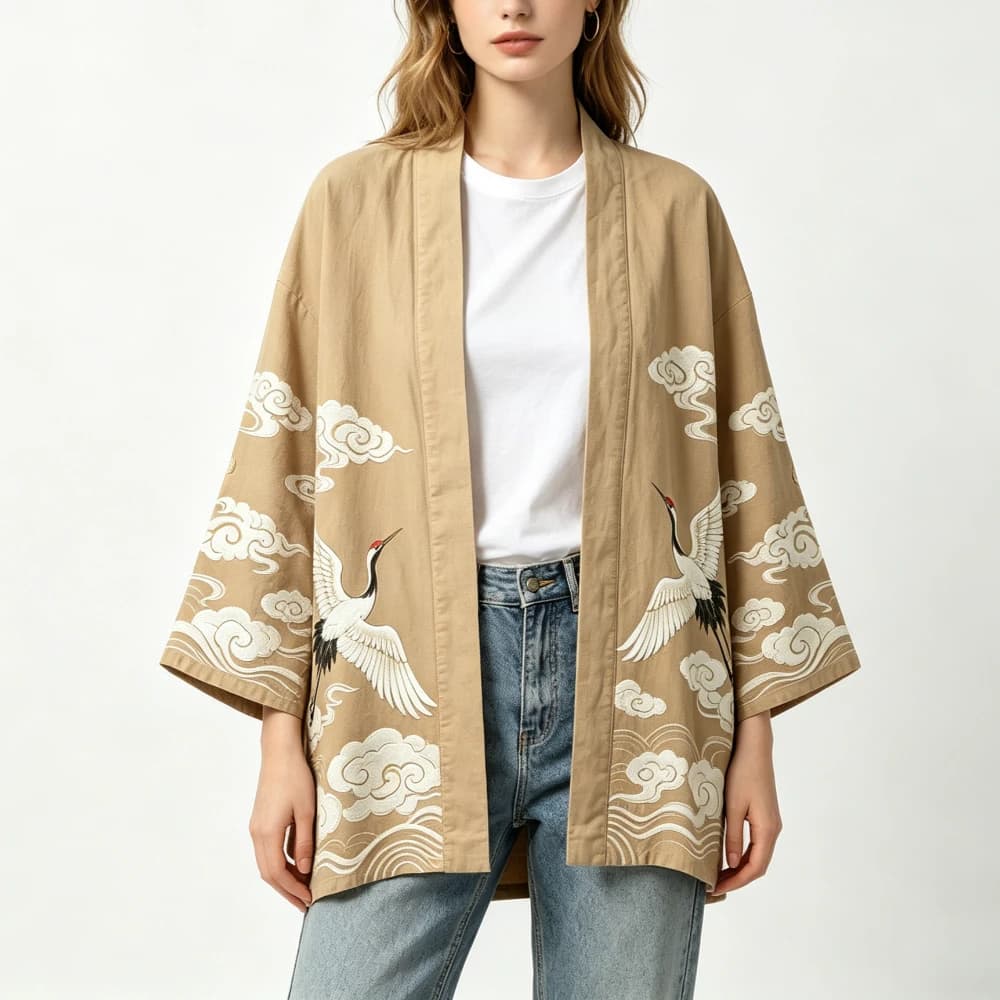 Kimono Giapponese in Cotone per Donna e Uomo, Stampa Nuvole e Gru, Yukata, Cardigan Ampio Aperto sul Davanti, Copricostume Boho per Casa e Spiaggia