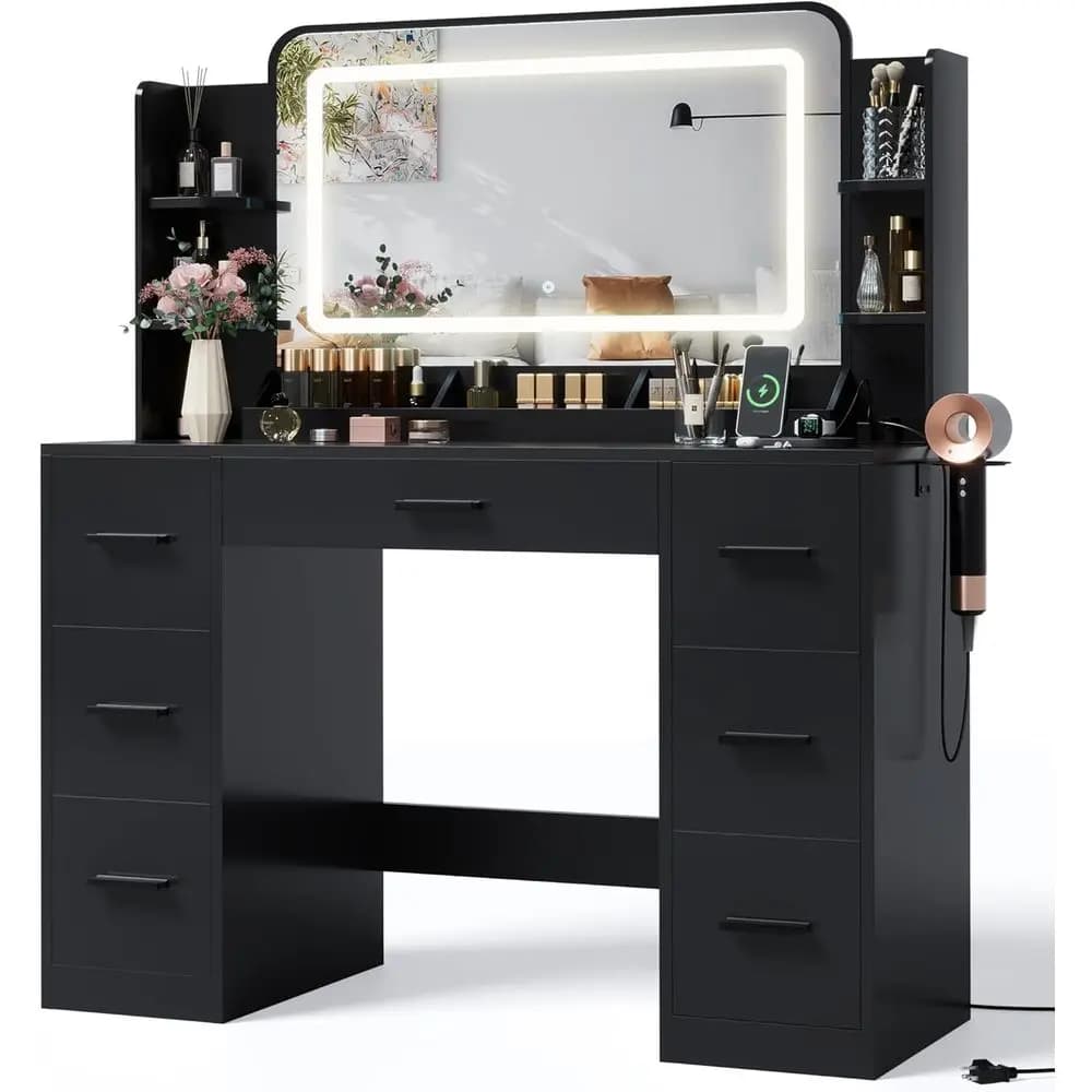 Tavolo da Trucco con Grande Specchio, Luci LED, Presa Multipla, Supporto per Asciugacapelli, 6 Ripiani, 7 Cassetti - Nero