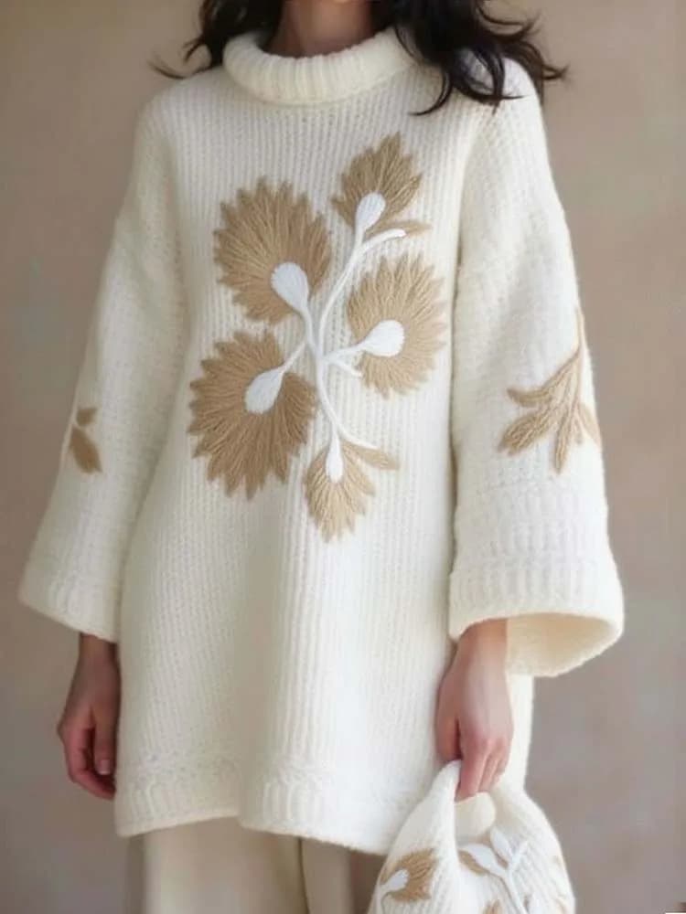Top lungo da donna in maglia autunnale e invernale con colletto impilato, maniche dritte e design con ricami floreali