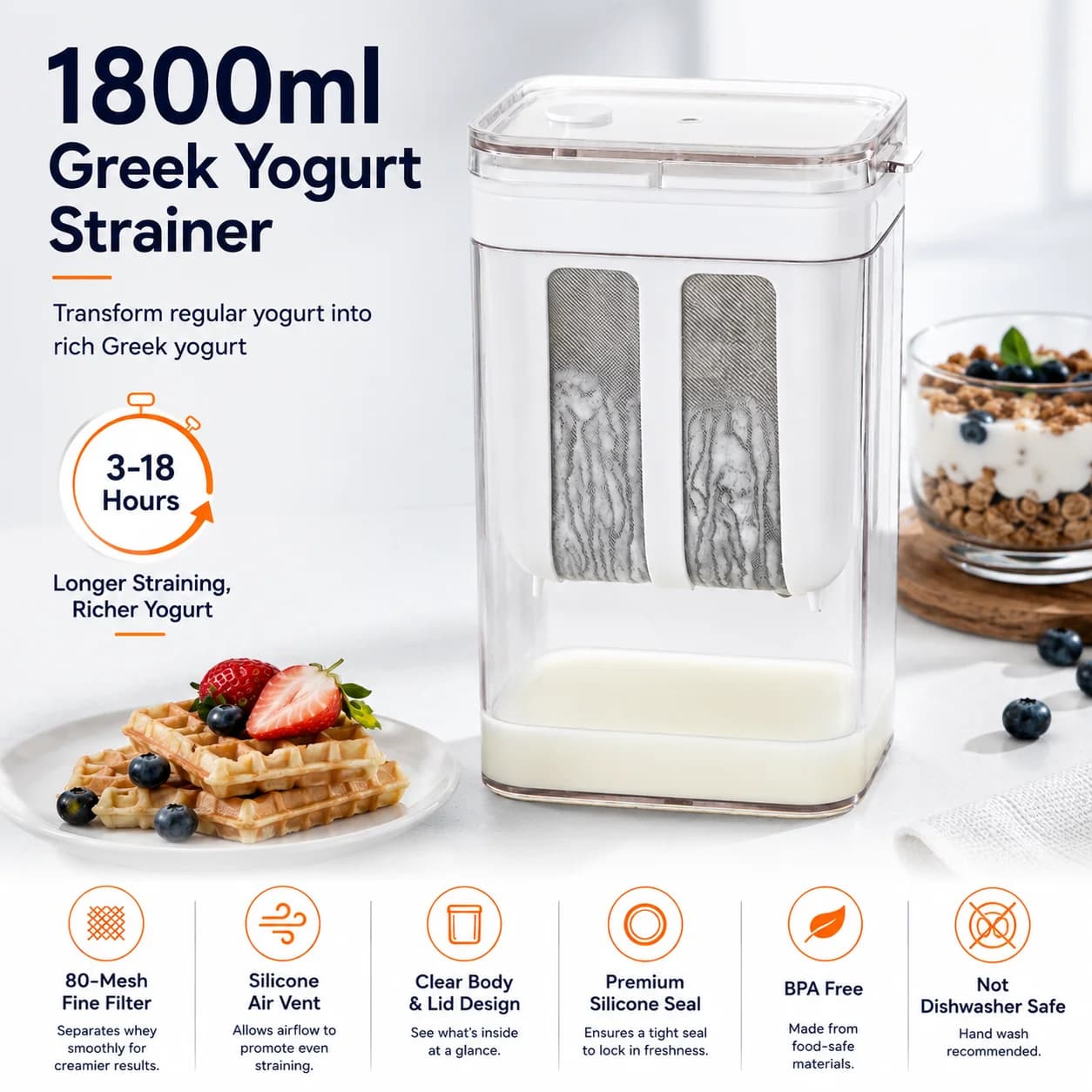 1100ml/1800ml Yoghurt filter Greek yoghurt cololin for food storage container whey separation Cheese tools Cooking supplies