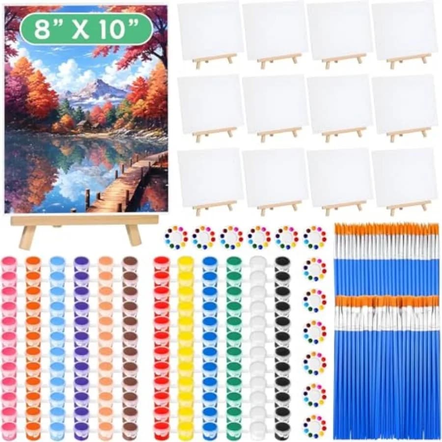 8x10 Inch Painting Supplies Kit 12Pack Art Canvas Bulk with Easel Stand 12 Colors Mini Acrylic Paint Set Small Paint Brushes Pa