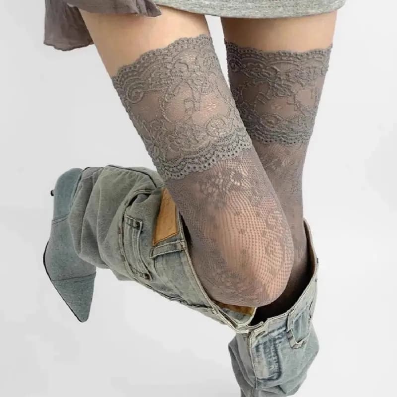 Calze a rete floreali in pizzo sexy da donna Costumi JK Lolita Calze alte alla coscia Calze in nylon traspiranti sopra il ginocchio