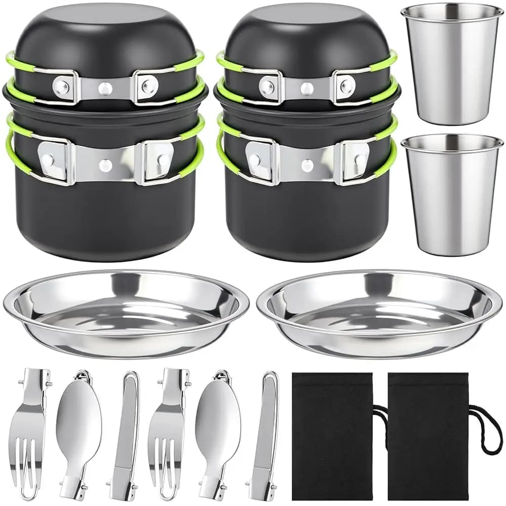 Set da Cucina da Campeggio 18 Pezzi, Kit Leggero con Pentola, Padella, Mini Fornello, 2 Set di Tazze, Piatti, Forchette, Coltelli, Cucchiai in Acciaio Inox per Zaino