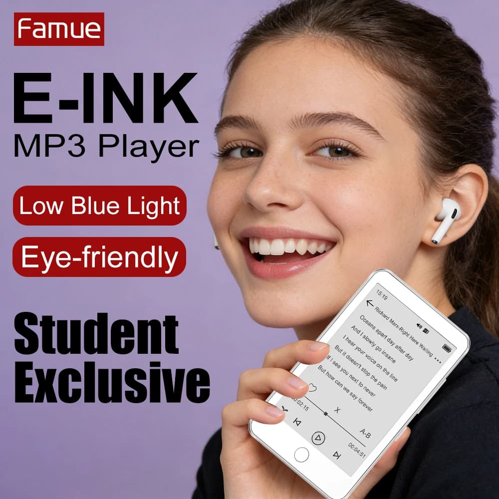 Lettore Musicale MP3 Famue MINI con Schermo E Ink, E-reader a Bassa Emissione di Luce Blu, Funzione Radio, Retroilluminazione, Bluetooth 5.3, Lettore Vocale, Supporto TF fino a 128G