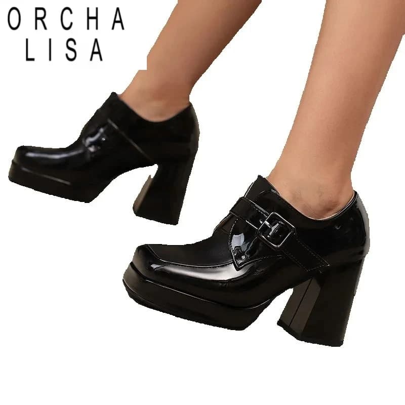 ORCHA LISA 2025 Ladies Pumps Square Toe Block Heels 9.5cm Platform 2cm Belt Buckle Plus Size 46 47 48 US17 Dating Party Women Sh