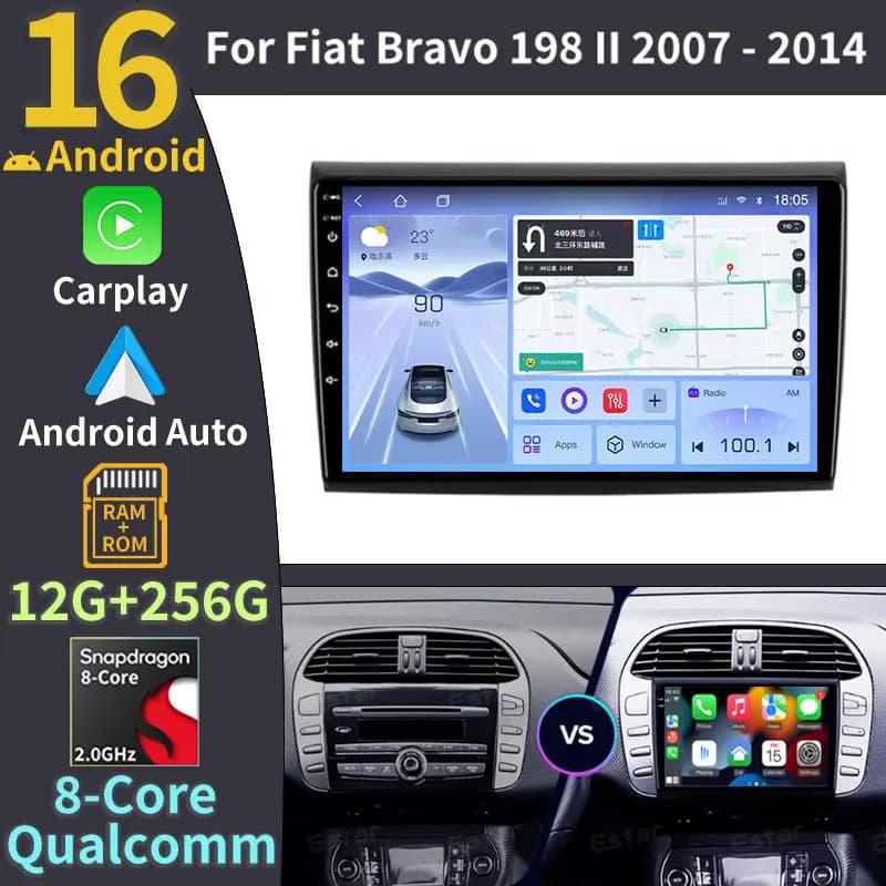 Android 16 per Fiat Bravo 198 2 II 2007-2014, Schermo Bluetooth Carplay, Radio Auto Stereo, GPS 4G, Navigazione Multimediale Wireless