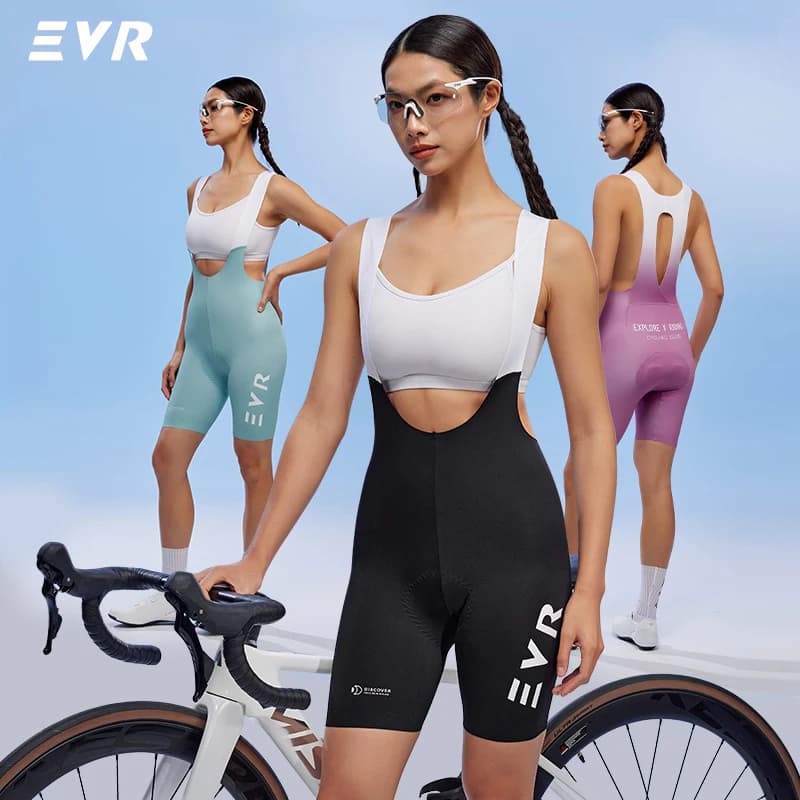 Pantaloncini da Ciclismo EVR Pro Estivi da Donna, Modello Intero con Bretelle, Traspiranti e ad Asciugatura Rapida per Ciclismo su Strada