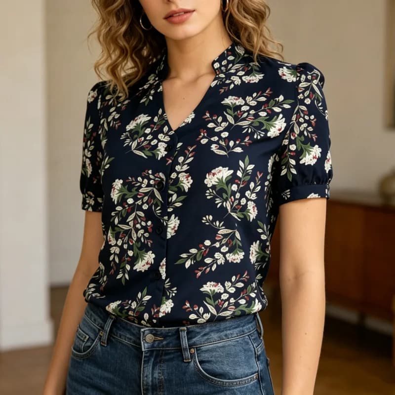 T-shirt Donna Estiva 2026 a Maniche Corte Verde con Stampa Floreale Scollo a V Nuova Moda Primavera Elegante Casual Top Abbigliamento da Ufficio per Donna