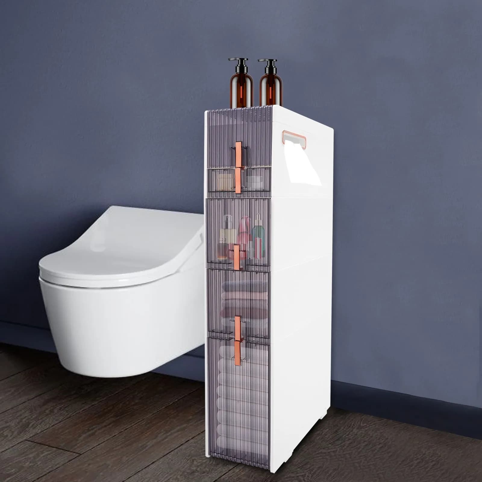 Armadietto da pavimento per bagno a 5 livelli 8,7 * 15 * 37,6 pollici Armadietto portaoggetti Porta carta igienica da terra stretto