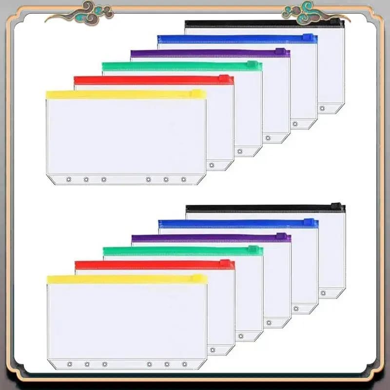 A46M-12Pcs A6 Buste per raccoglitori a 6 fori in PVC impermeabile con cerniera, per quaderni, agende e raccoglitori da viaggio