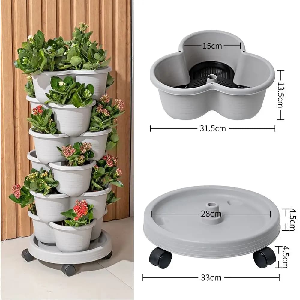Vaso per Fiori Verticale Impilabile a Torre, Vaso in Plastica Multistrato con Ruote Mobili, Fioriera a Torre per Fragole