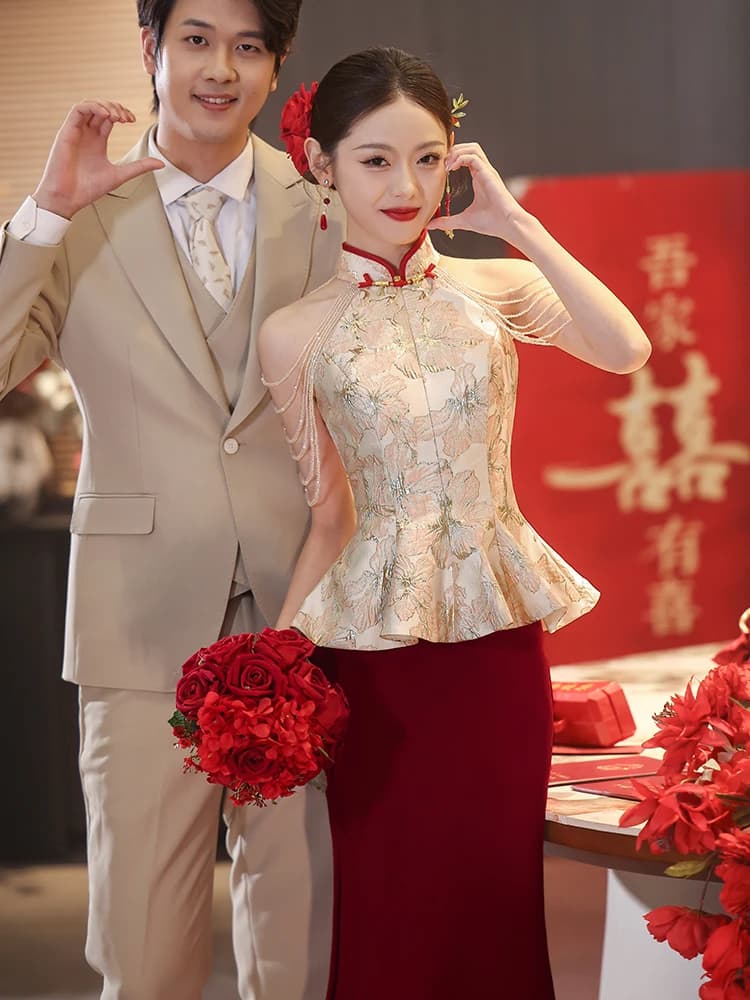 Chinese Style Engagement Dress Red Fish Tail Wedding Gown Vintage Wind mid Waist Long Skirt without Sleeve for Wedding Party