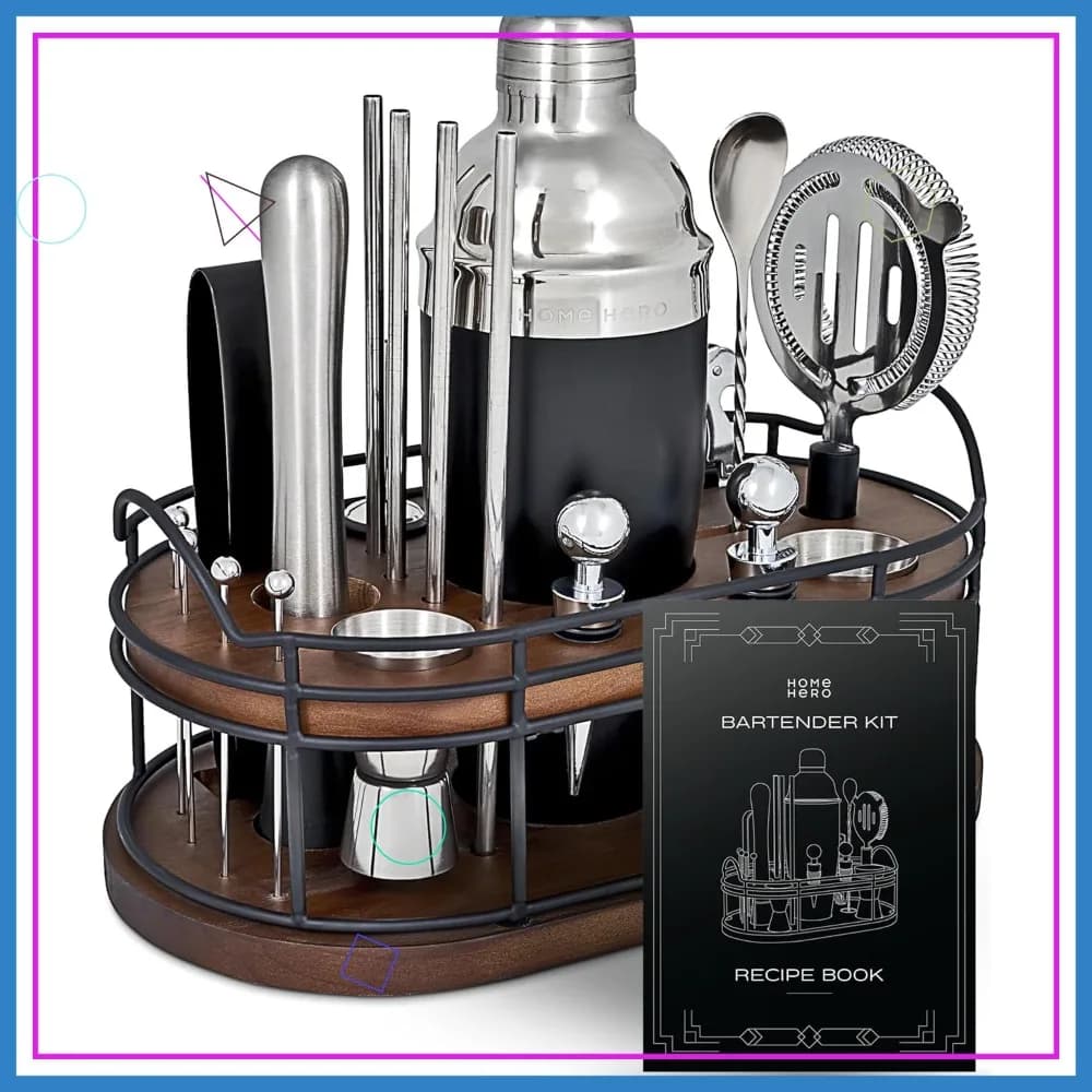Set da Cocktail da 22 Pezzi con Supporto in Legno, Libro di Ricette e Utensili da Bar - Regalo Perfetto per l'Inaugurazione della Casa in Argento