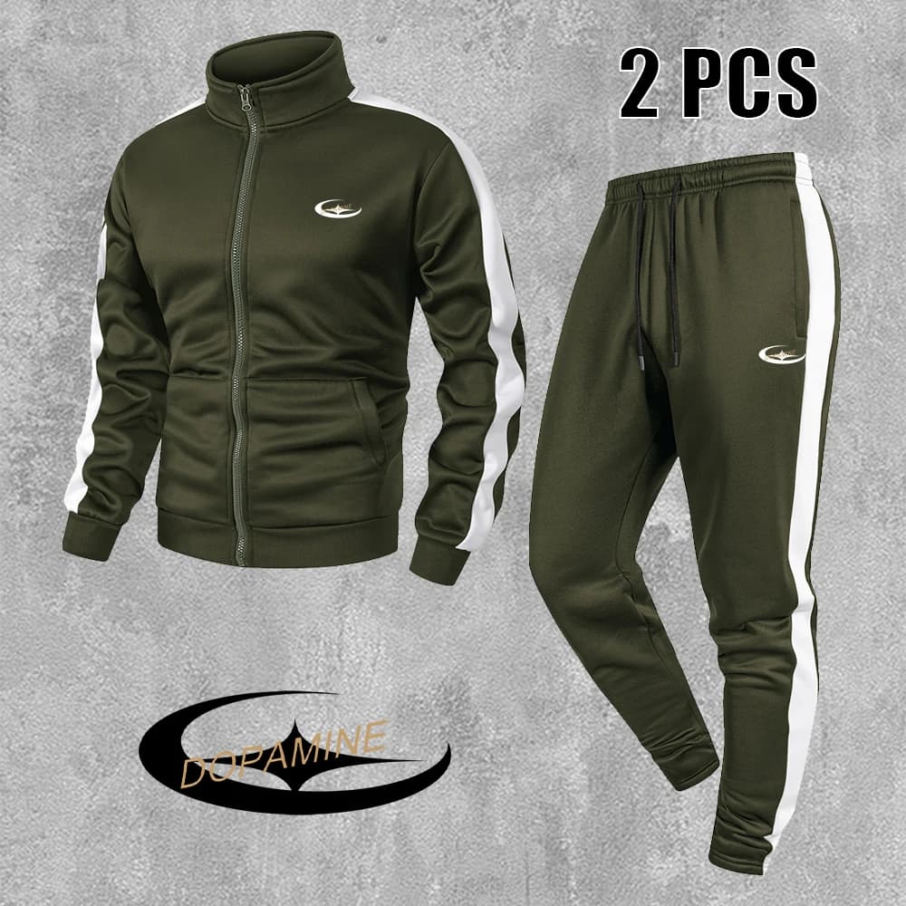 Men's Casual Sports Suit Creative Star Geometric Print Zipper Jacket With Drawstring Pants Autumn Fitness And Commute Sportswear
