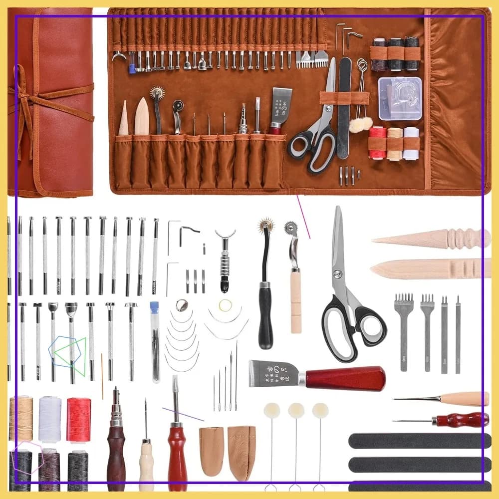 Kit di 72 Utensili per Lavorazione Pelle con Borsa Portaoggetti, Set Fai-da-Te per Cucire, Punzonare, Stampare e Levigare per Principianti e Professionisti